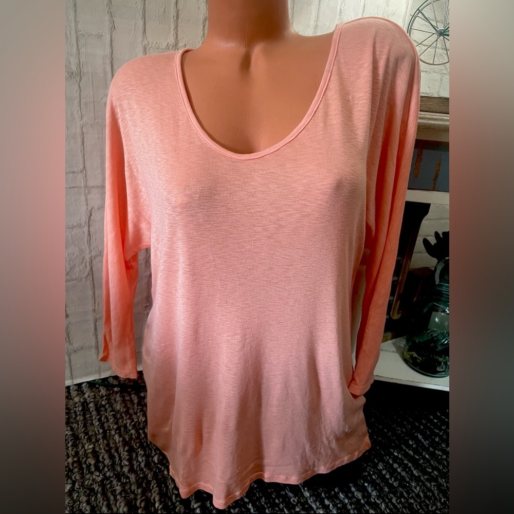 Three Dots Bright Peach Hi Lo Long Sleeve Cotton Sz S NWOT!